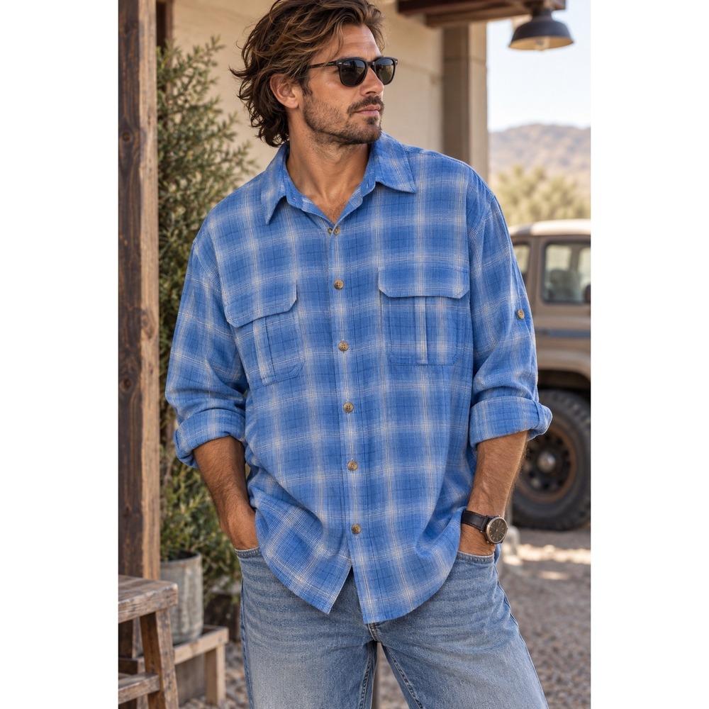 Duluth Trading Co Mens 2XL Tall Blue Plaid Roll Tab Sleeve Button Down Shirt